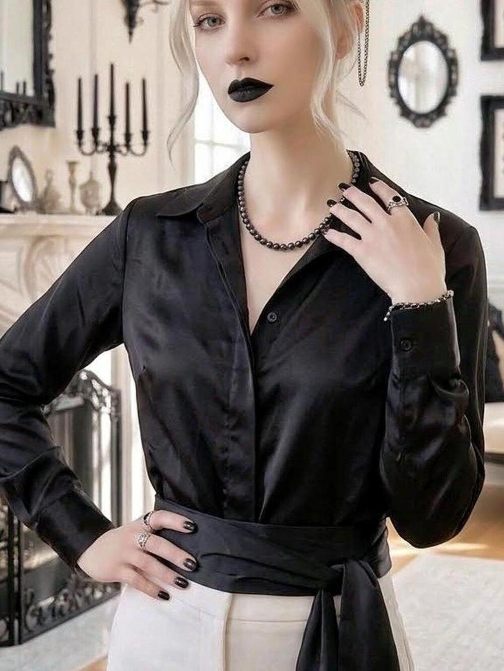 Express black silk blouse with tie waist and long sleeves. Size: S